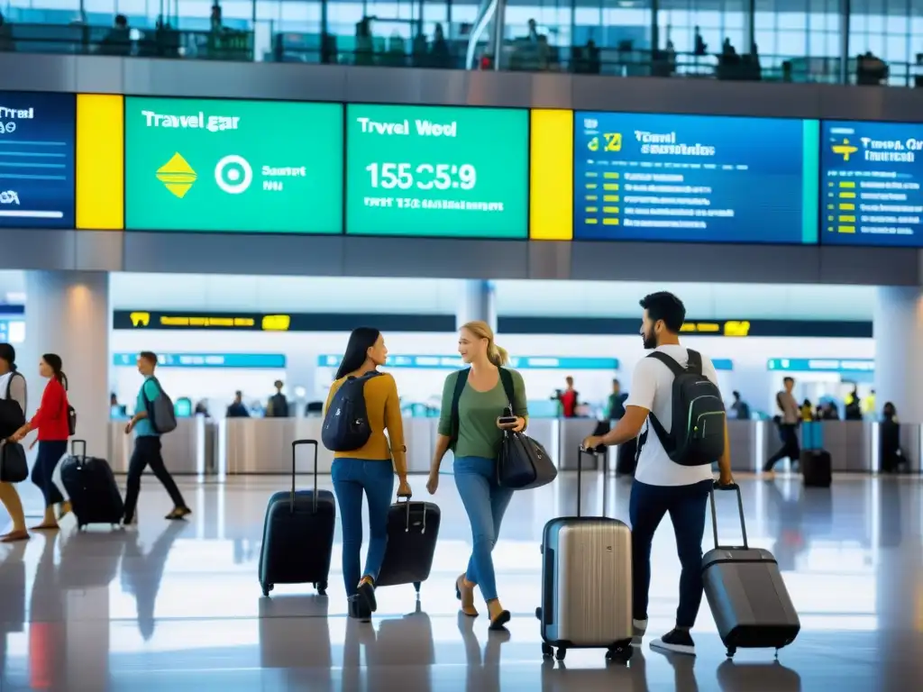 Viajeros en aeropuerto con maletas inteligentes tecnológicas evolución transporte