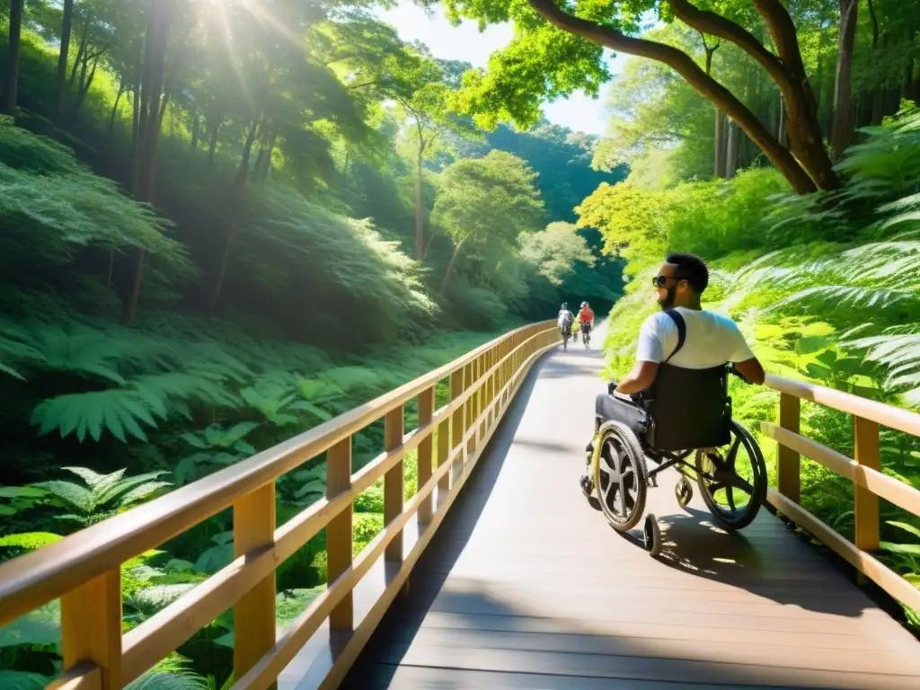 Viajeros con discapacidad explorando un sendero accesible en un bosque exuberante