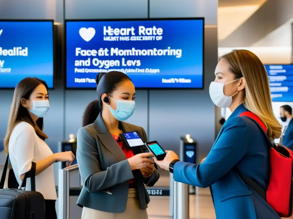 Viajeros en fila con dispositivos monitoreo salud en aeropuerto, destacando la importancia de la salud en ruta