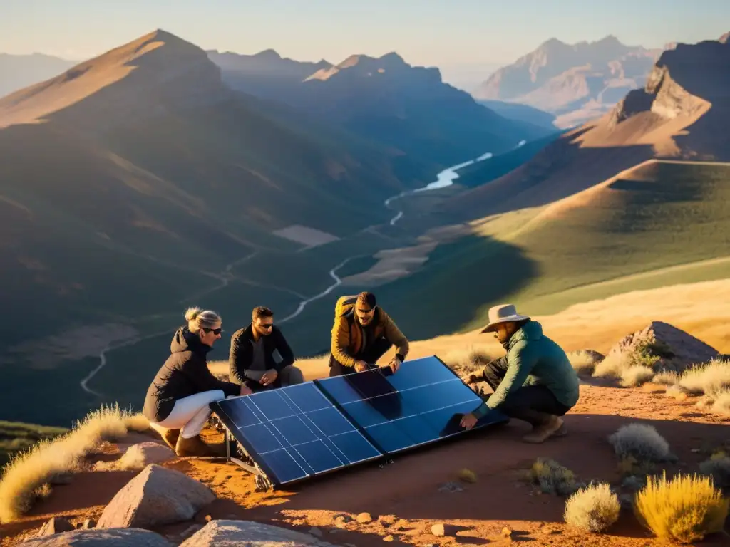 Viajeros instalan paneles solares portátiles para viajes en remota cima soleada, disfrutando de energía sostenible