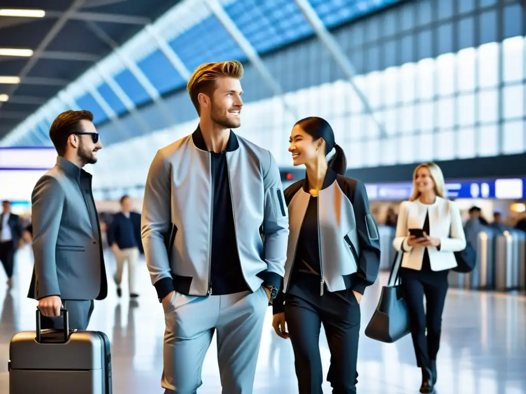 Viajeros con prendas inteligentes para viajeros, integrando tecnología y moda en un bullicioso aeropuerto