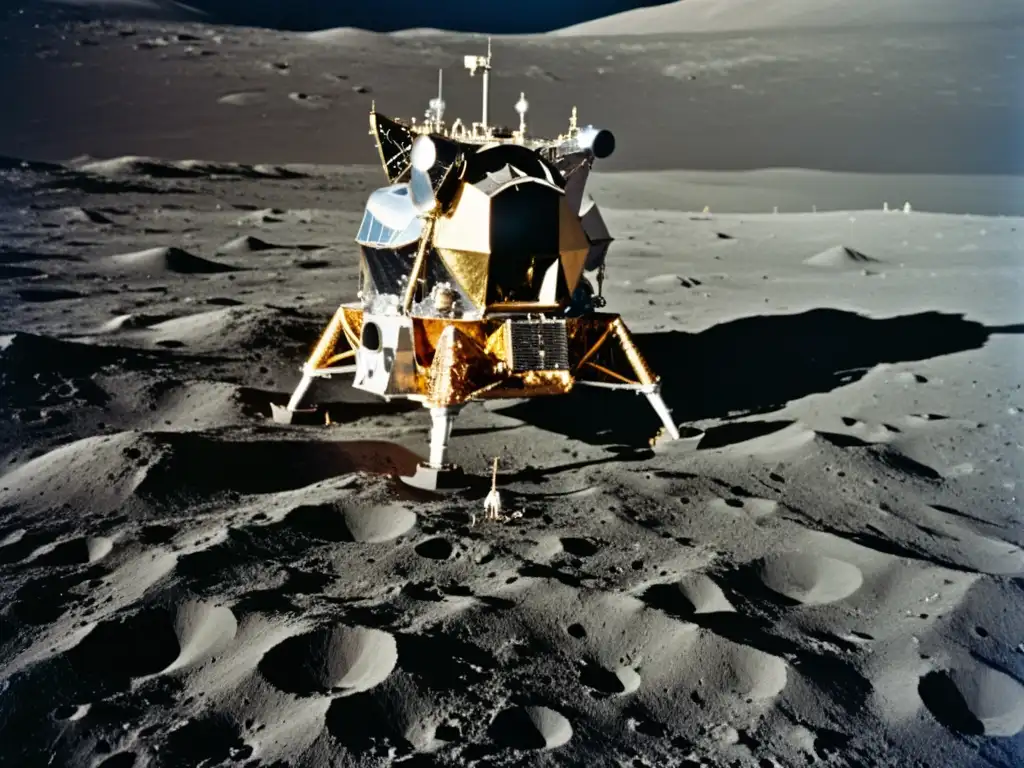 La evolución de los viajes espaciales: Detalle del módulo lunar Apollo 11 en la superficie lunar, con la Tierra de fondo