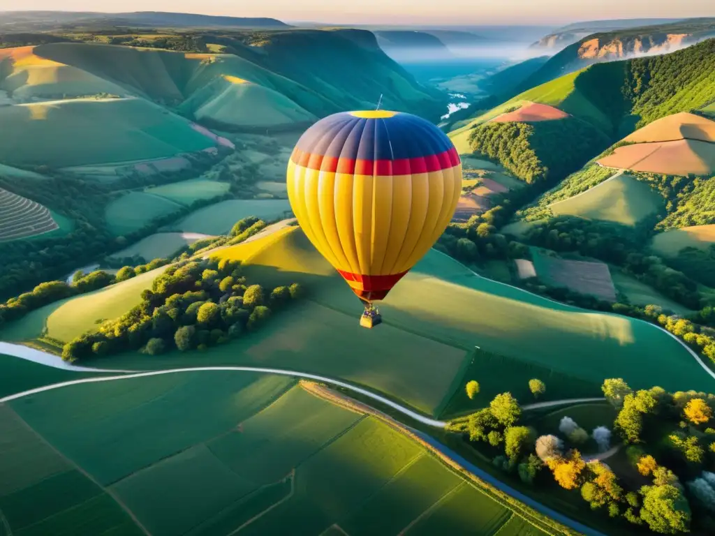 'Viajes de lujo en globos aerostáticos: Un globo colorido flota grácilmente sobre un paisaje pintoresco al amanecer, bañado en luz dorada