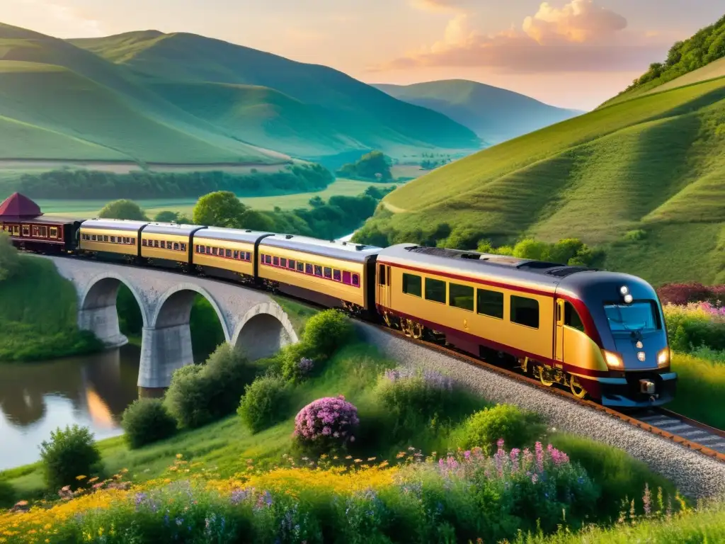 Viajes temáticos en tren de lujo a través de paisajes pintorescos al atardecer