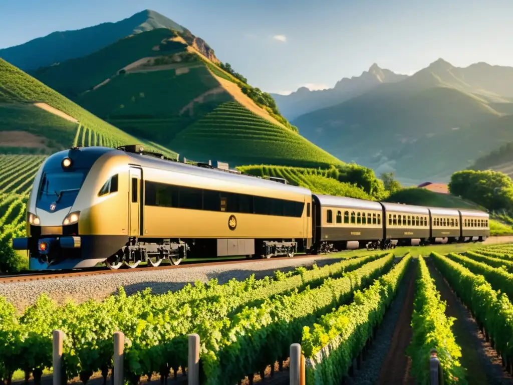 Viajes temáticos en tren: Un lujoso tren vintage recorre viñedos verdes y una majestuosa cordillera, evocando aventura atemporal