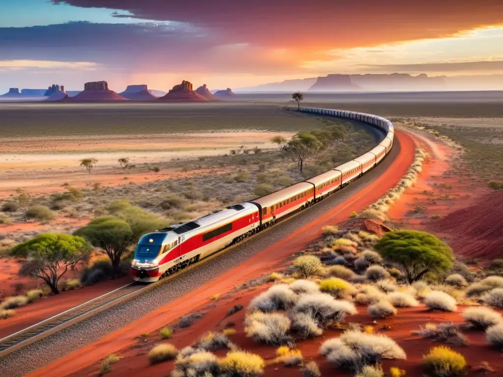 Viajes en tren emblemáticos: el Ghan atraviesa el Outback australiano, iluminando el paisaje desértico al atardecer