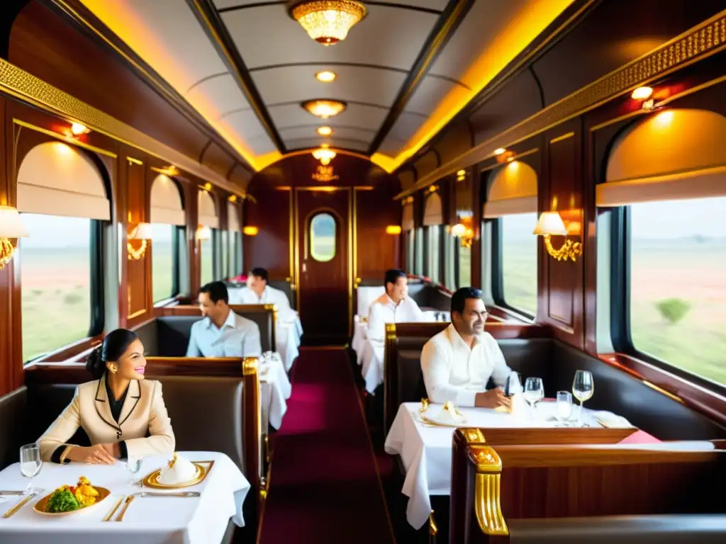 Viajes en tren emblemáticos: Lujo y confort en el interior del El Maharajas' Express, con elegante decoración y atención personalizada, mientras los pasajeros disfrutan de las vistas de la India