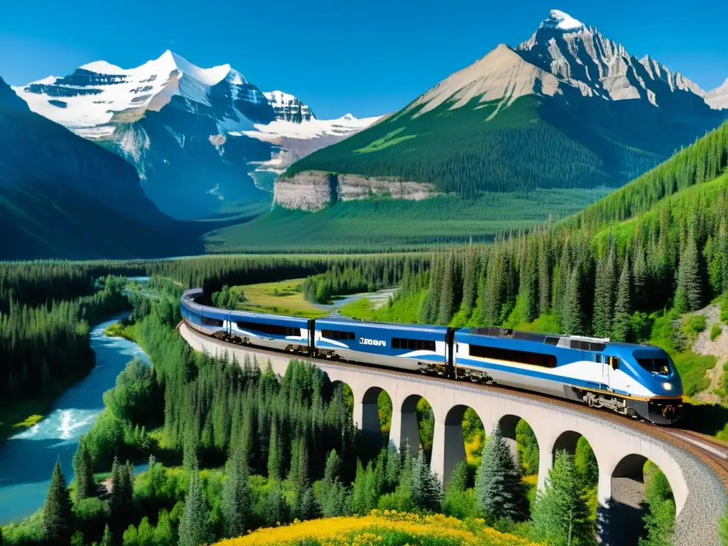 Viajes en tren emblemáticos a través de las impresionantes Montañas Rocosas de Canadá, con picos nevados y flores silvestres vibrantes