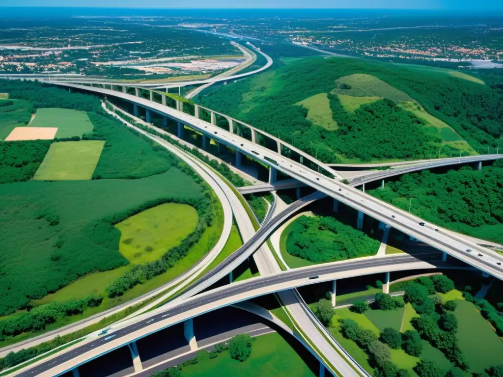 Intersección vial con certificaciones LEED, moderna infraestructura rodeada de exuberante vegetación y cielo azul despejado