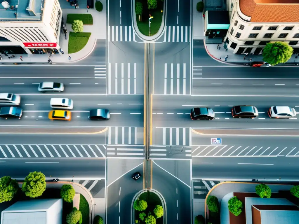 Innovación en señalización vial para reducir congestión: Vista aérea de intersección urbana con tráfico intenso y variados vehículos en hora pico