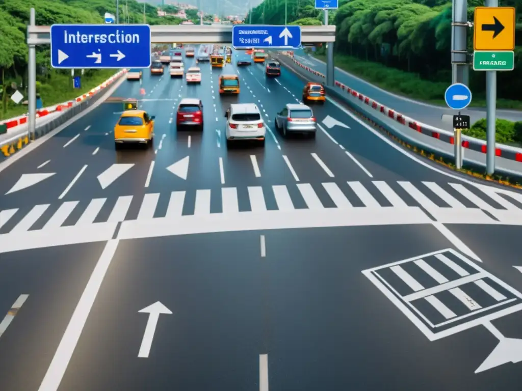 Intersección con señalización vial multilingüe, resaltando la importancia de la señalización internacional en carreteras para la seguridad y navegación