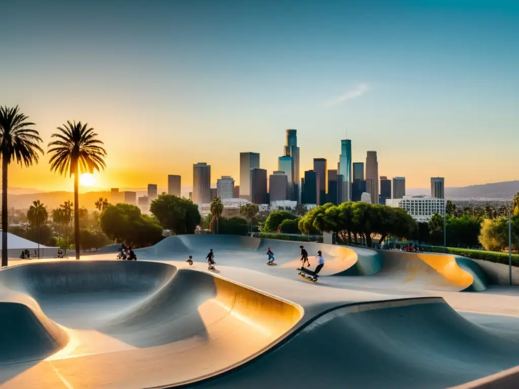 Un vibrante atardecer en un bullicioso parque de skate en Los Ángeles, California