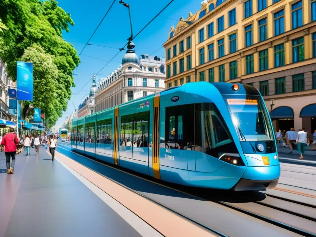 Un vibrante tranvía azul recorre una bulliciosa calle de una ciudad europea sostenible