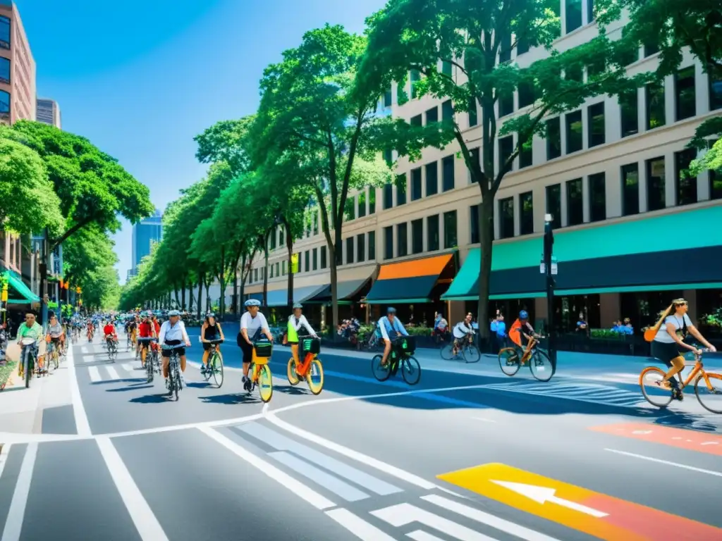 Vibrante calle de la ciudad con bicisendas movilidad urbana sostenible, ciclistas y peatones en armonía bajo el cielo azul