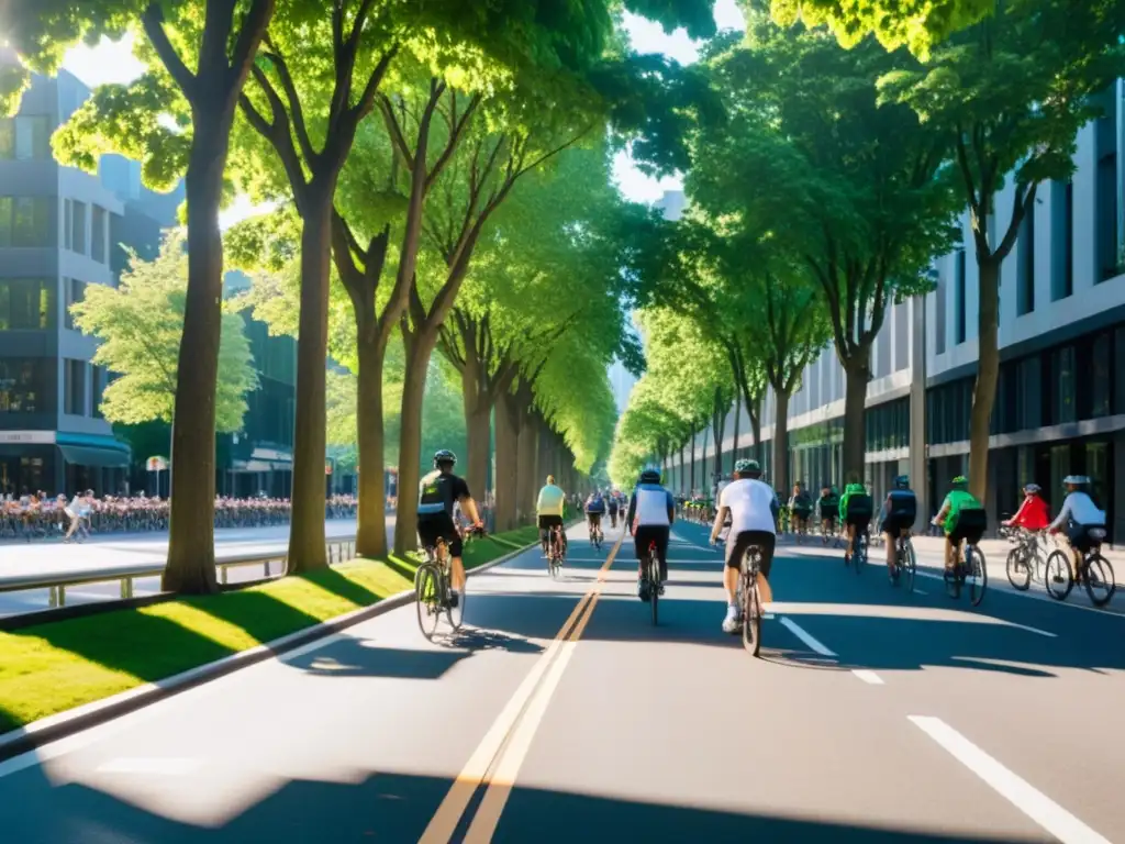 Vibrante calle de la ciudad con carril bici y desarrollo de infraestructuras para ciclistas, escena llena de vida y sostenibilidad urbana