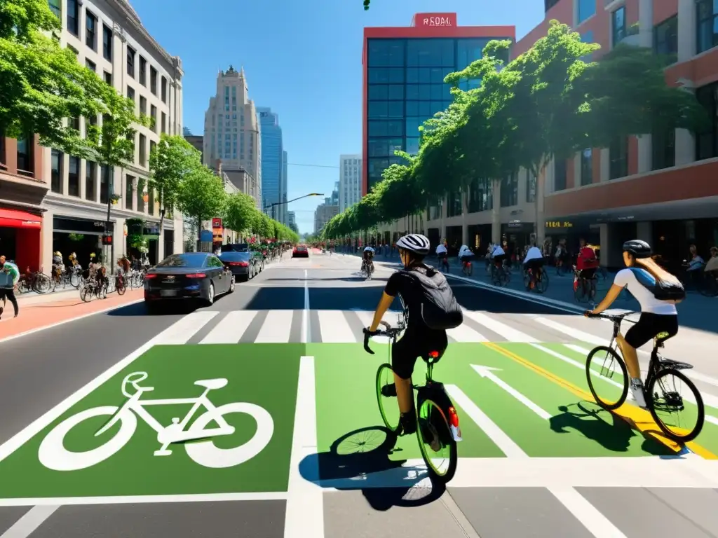 Vibrante calle de la ciudad con infraestructuras para ciclistas, promoviendo la movilidad sostenible y segura