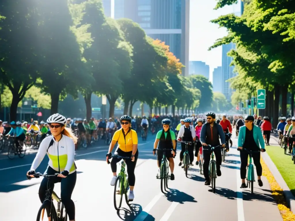 Vibrante calle de la ciudad llena de ciclistas de todas las edades y orígenes, disfrutando de los beneficios de la bicicleta en la movilidad urbana