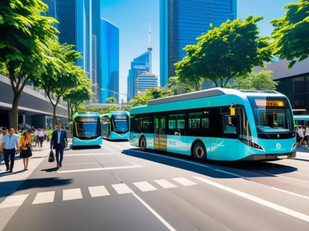 Una vibrante calle de la ciudad llena de autobuses y tranvías eléctricos, rodeada de rascacielos y vegetación