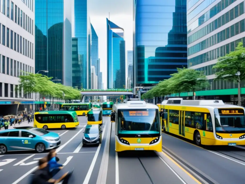 Escena urbana sostenible: movilidad limpia en la ciudad Vibrante calle de la ciudad llena de transporte público con combustibles alternativos, destacando la movilidad urbana sostenible