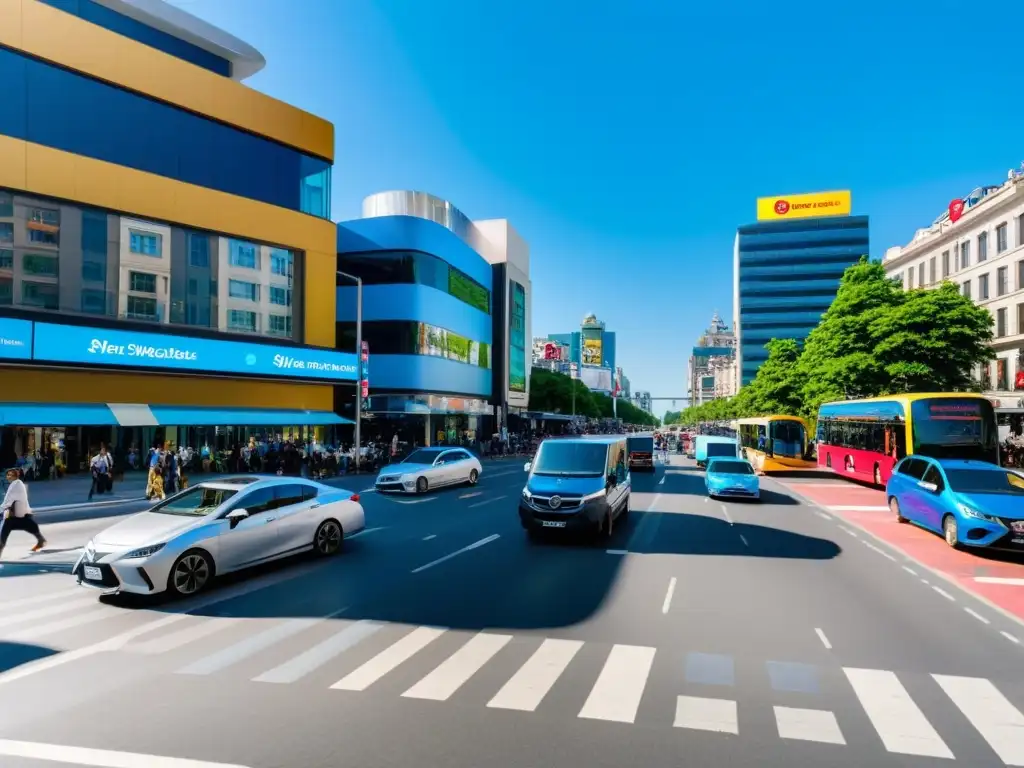 Una vibrante calle de ciudad llena de vehículos y personas, reflejando el impacto de la economía colaborativa en plataformas de viaje