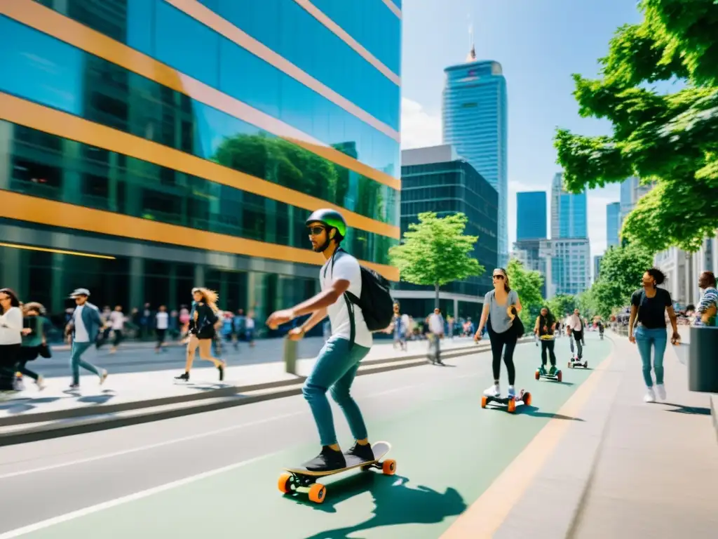 Vibrante calle de la ciudad con personas usando monopatines eléctricos, reflejando la movilidad urbana en las mejores ciudades para monopatín