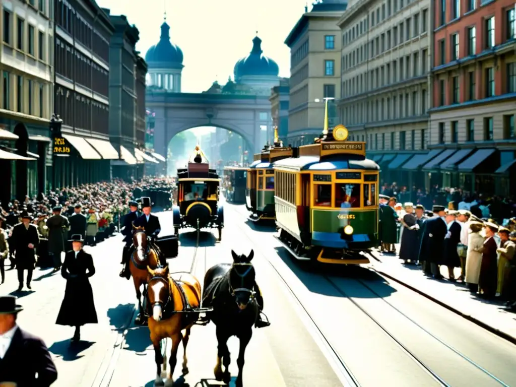 Vibrante calle de ciudad del siglo XX con transporte público histórico, reflejando el desarrollo urbano