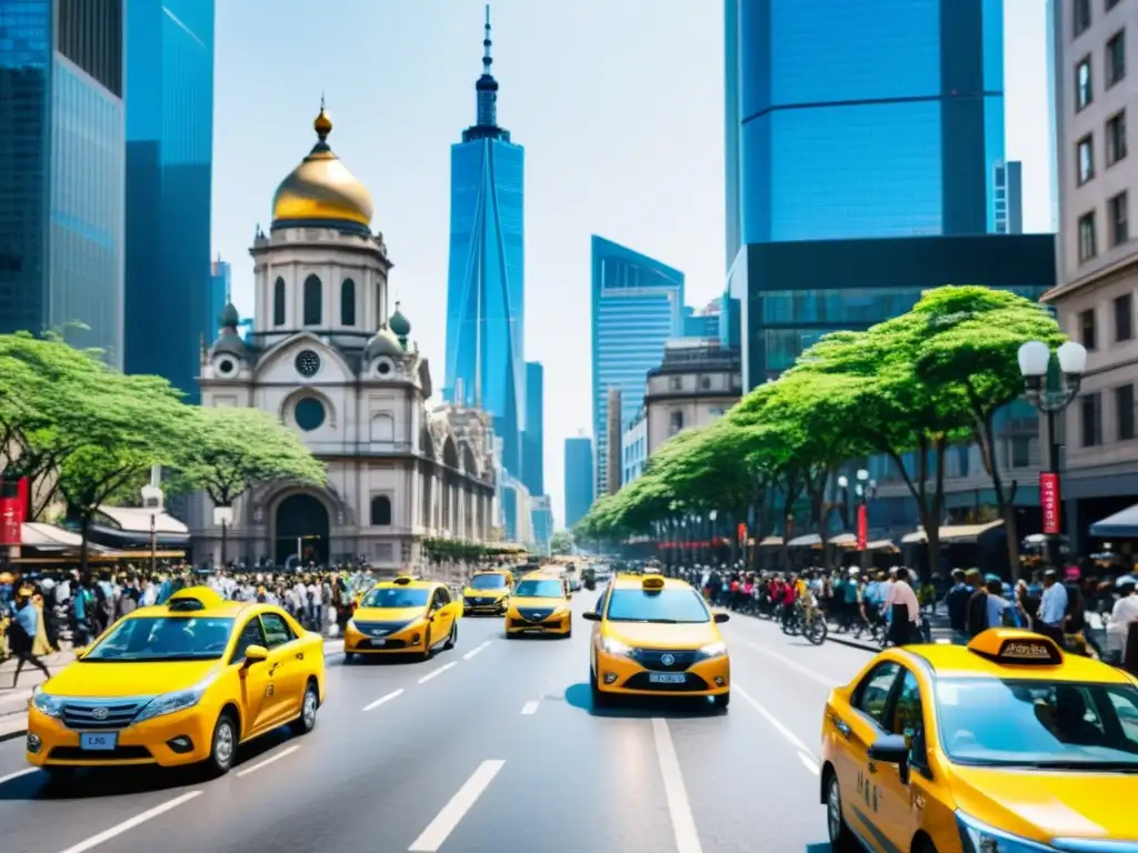 Vibrante calle de la ciudad con taxis tradicionales y ride sharing, reflejando la adaptación de movilidad urbana