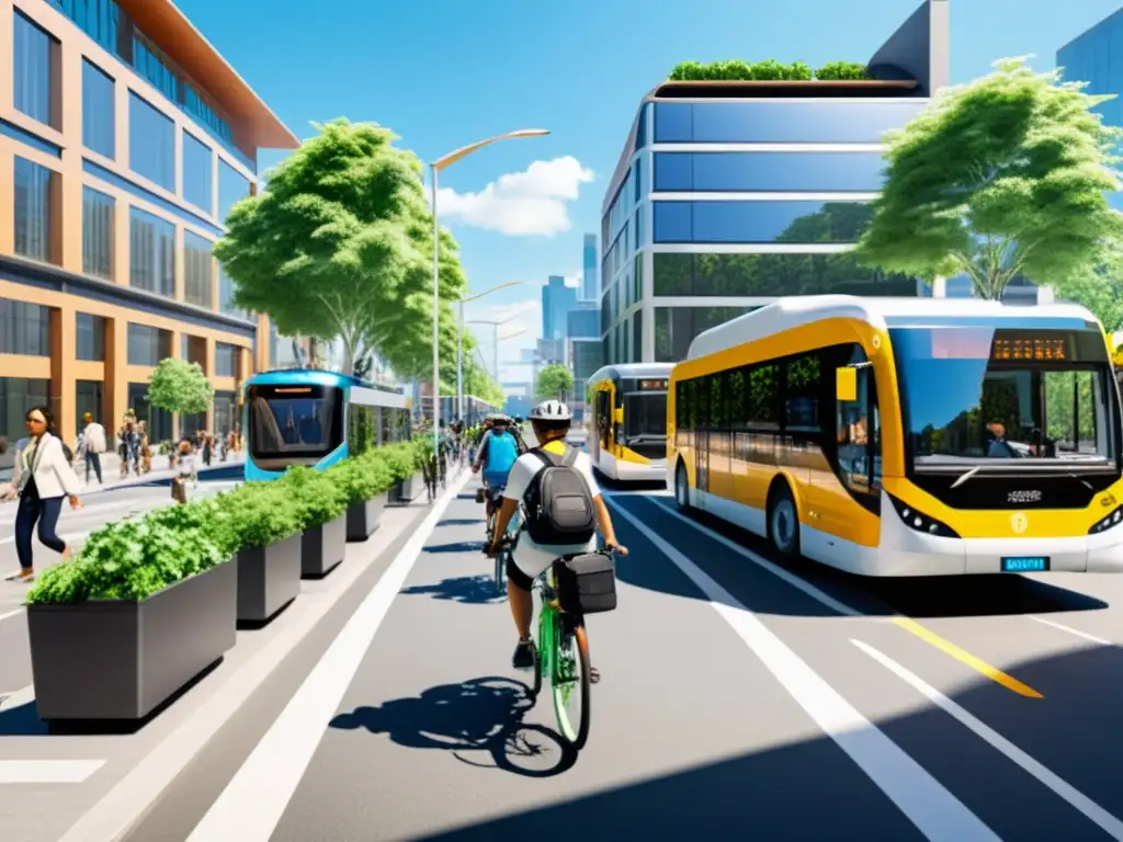 Vibrante calle de la ciudad con transporte sostenible, paneles solares y vegetación