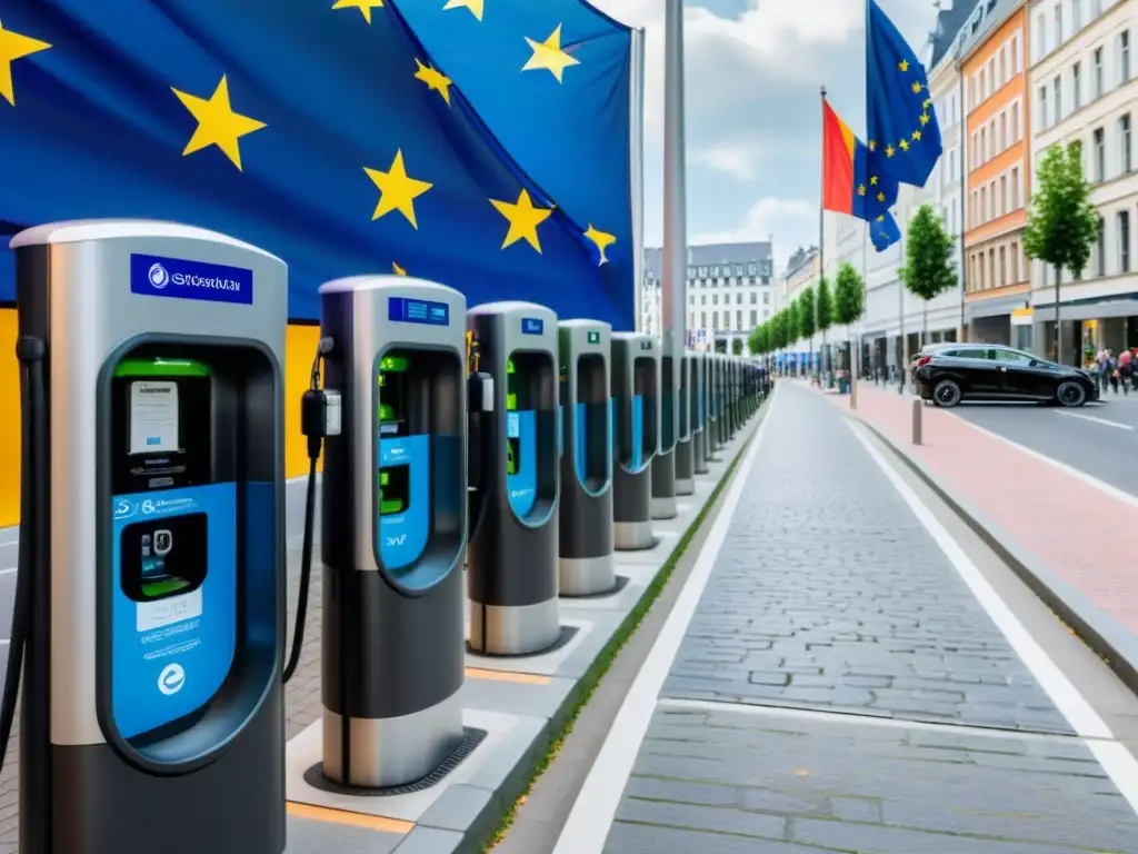 Vibrante calle de la UE con estaciones de carga para vehículos eléctricos, símbolo de la infraestructura de carga para vehículos eléctricos en la UE