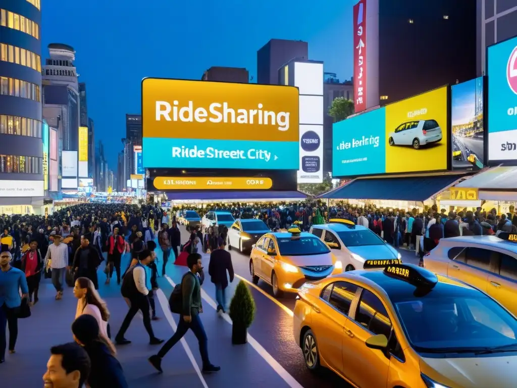 Vibrante calle nocturna de ciudad con anuncio de app de ride sharing