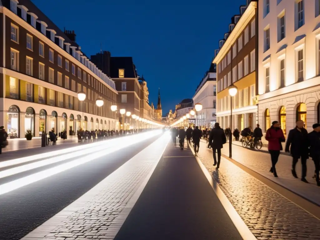 Vibrante calle nocturna con iluminación sostenible, creando una atmósfera acogedora para peatones y ciclistas