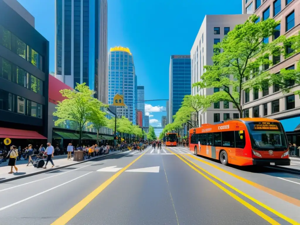 Vibrante calle peatonal en una ciudad llena de vida, con arquitectura diversa, arte público y transporte urbano sostenible