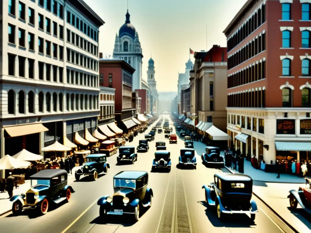 Vibrante calle del siglo XX con autos y peatones