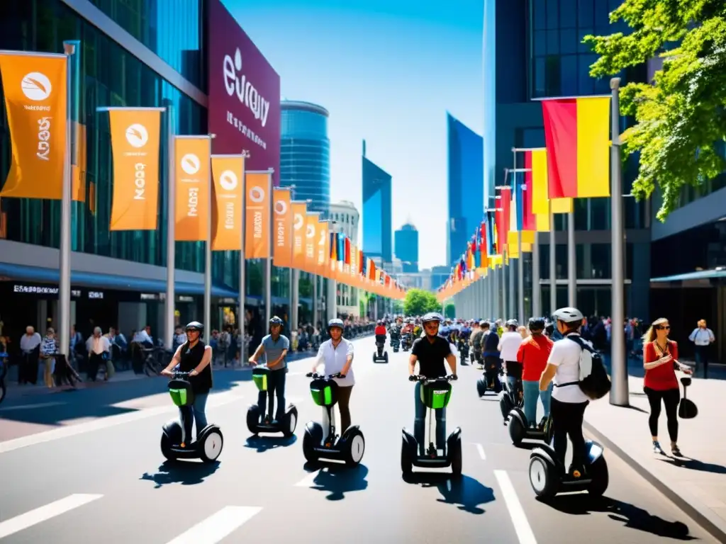 Vibrante calle urbana con carril para Segways, reflejando la integración de Segways en ciudades ideales para recorrer en Segway