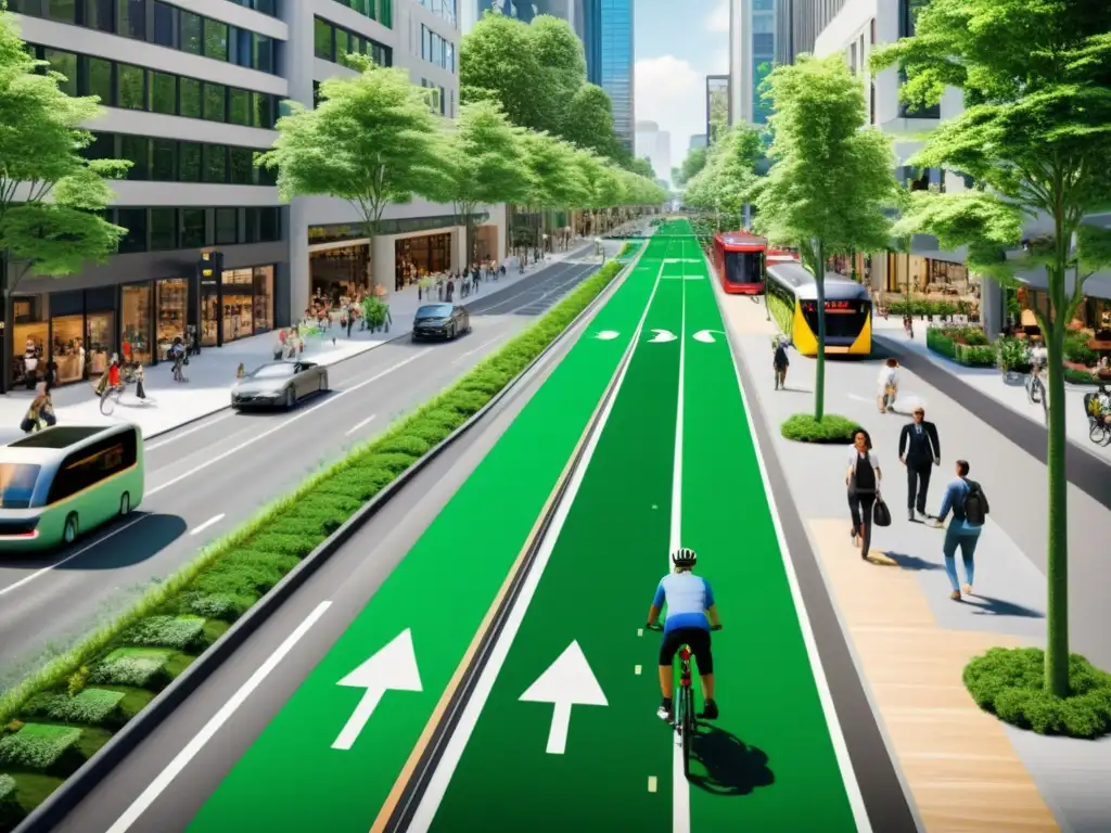 Vibrante calle urbana con carril bici verde y transportes sostenibles