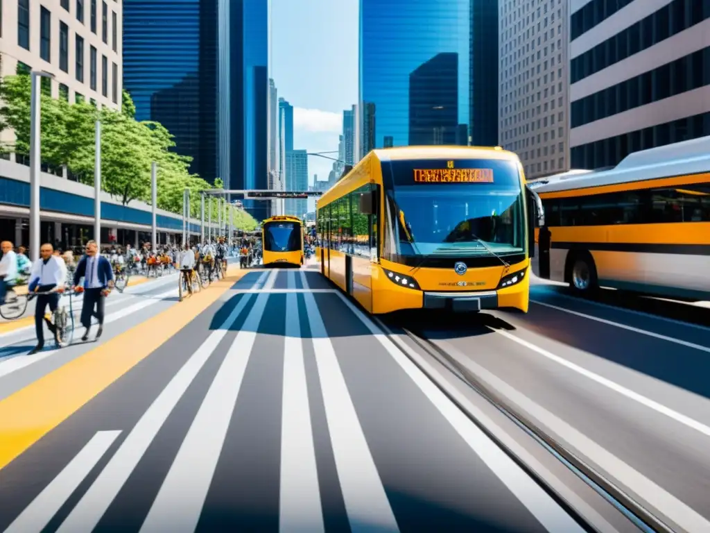 Vibrante calle urbana con diversidad de transporte, reflejando desafíos actuales y la formación de ingenieros en transporte