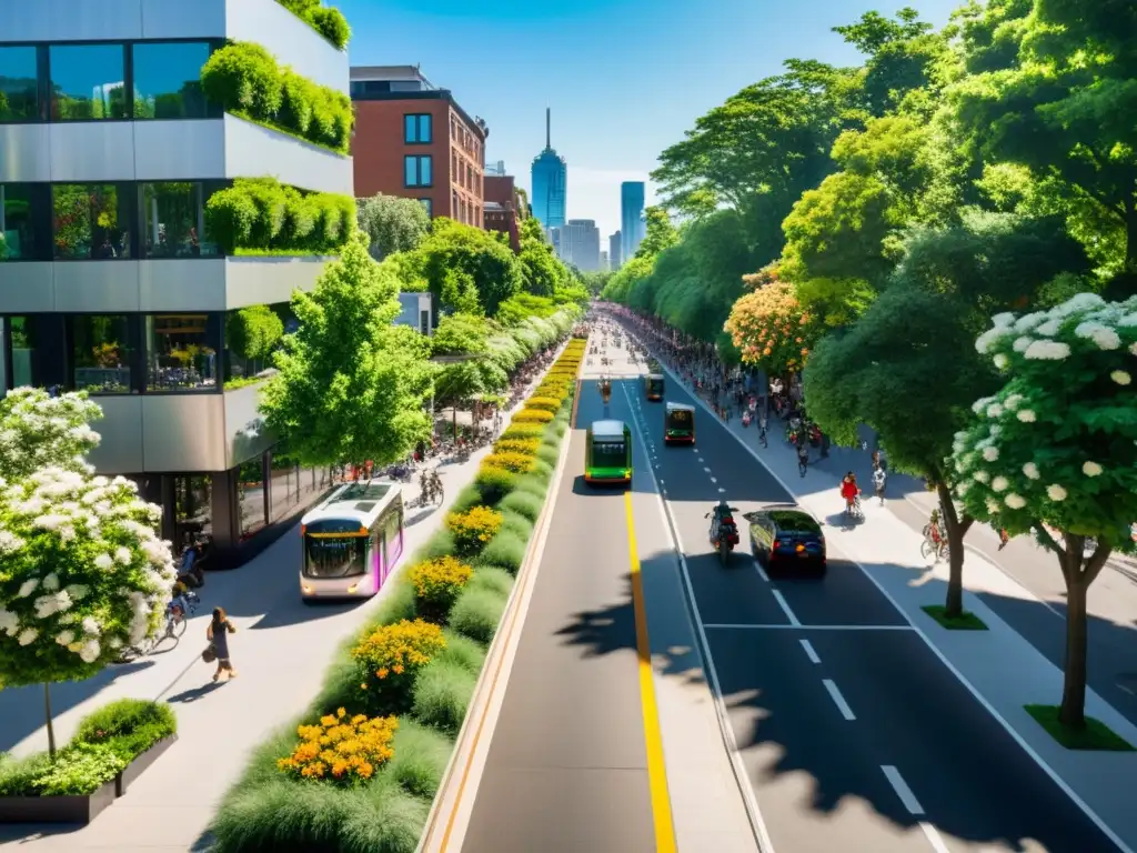 Vibrante calle urbana con infraestructura verde para transporte sostenible, repleta de vida y energía positiva