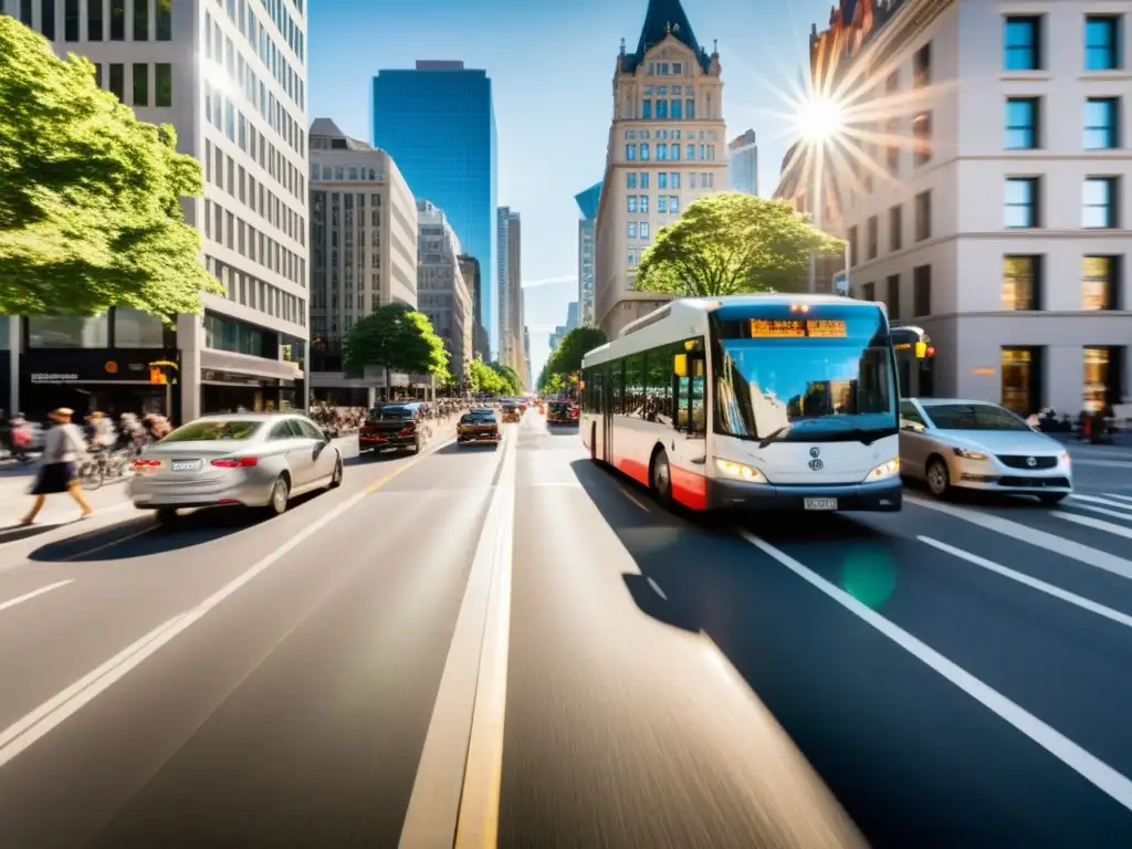 Una vibrante calle urbana llena de movimiento y diversidad en medios de transporte sostenible