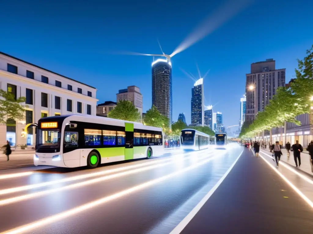 Vibrante calle urbana nocturna con iluminación sostenible, transporte eficiente y modernos autobuses eléctricos