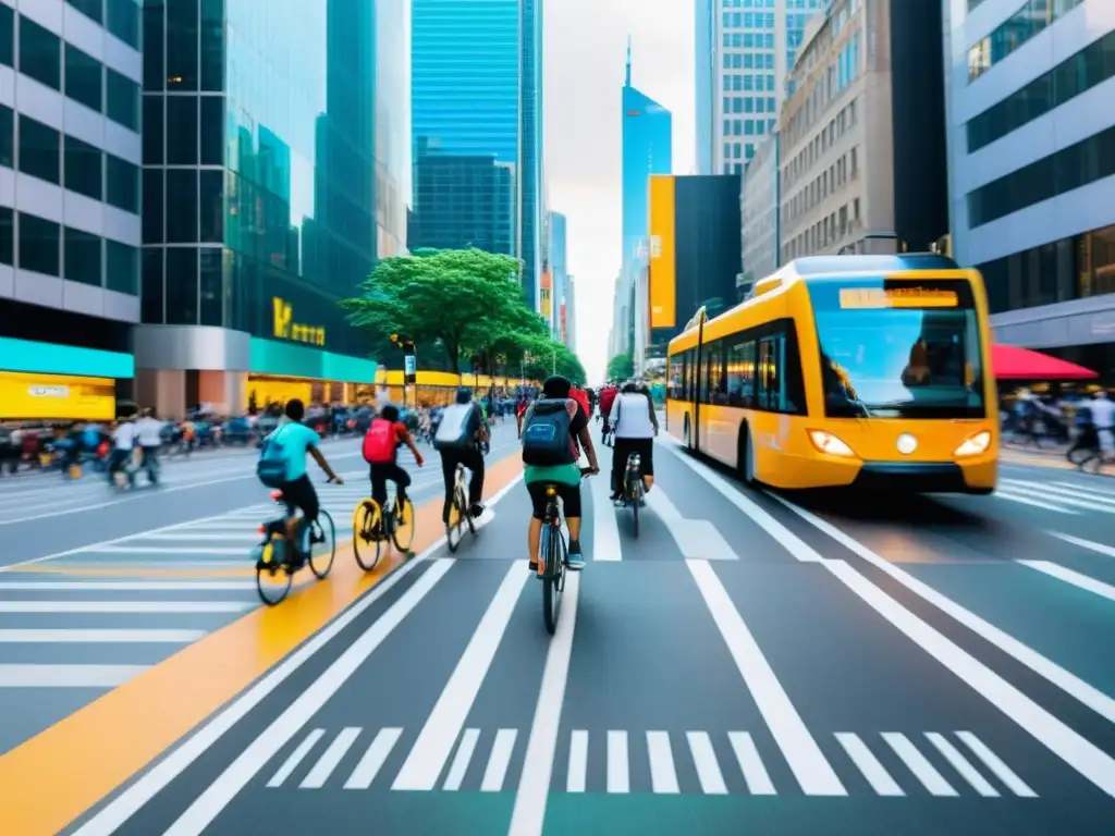 Escena urbana dinámica: movilidad gamificada Vibrante calle urbana con peatones, ciclistas y transporte público colorido