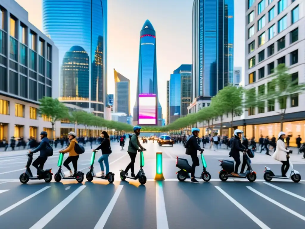 Vibrante calle urbana con personas en patinetes eléctricos, mostrando la revolución de la movilidad urbana