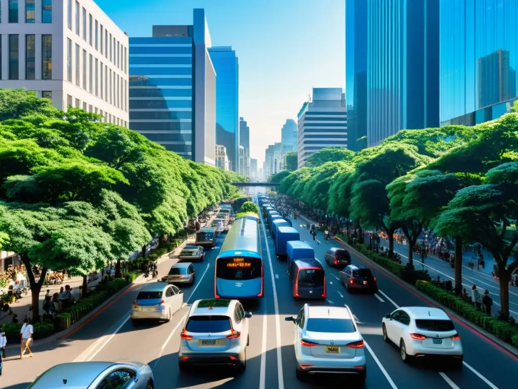 Vibrante calle urbana con tráfico, edificios altos y vegetación