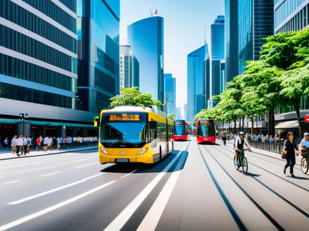 Vibrante calle urbana con transporte público y peatones, mostrando el impacto del diseño urbano en las emisiones del transporte