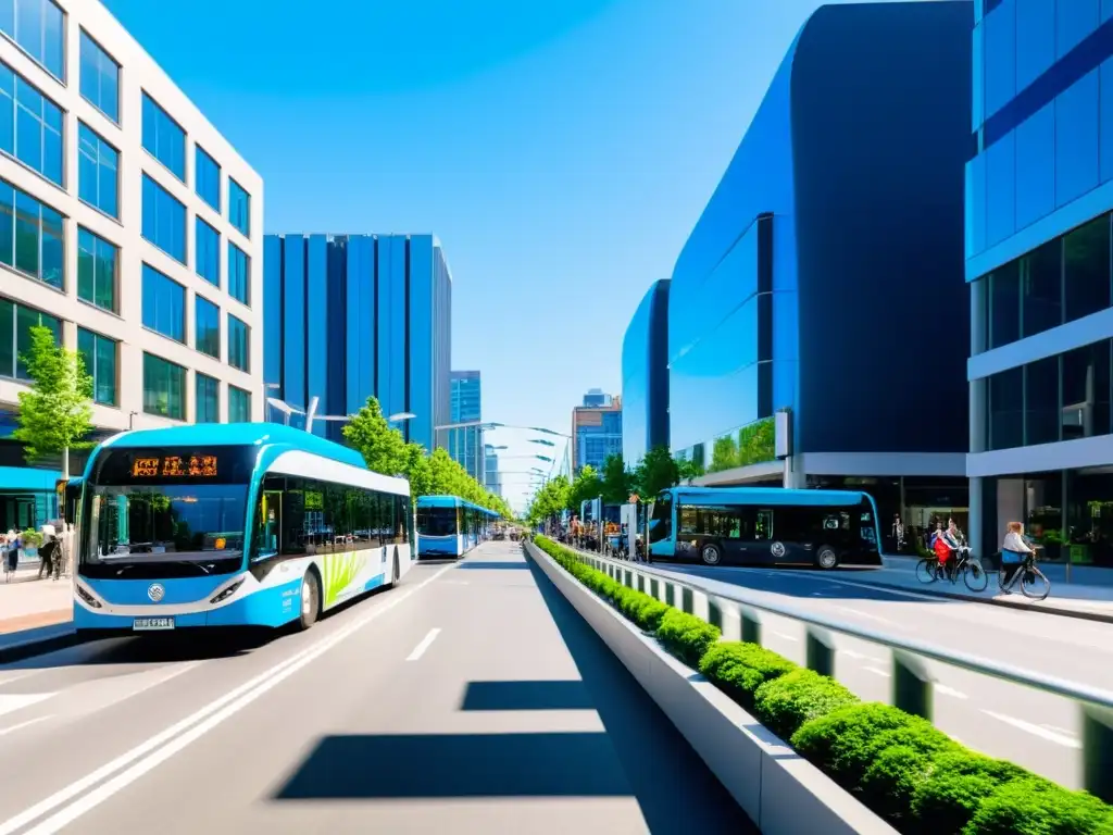 Visión sostenible: calles urbanas vibrantes y ecológicas Vibrante calle urbana con transporte sostenible y legislación clara, edificios ecofriendly y energía limpia