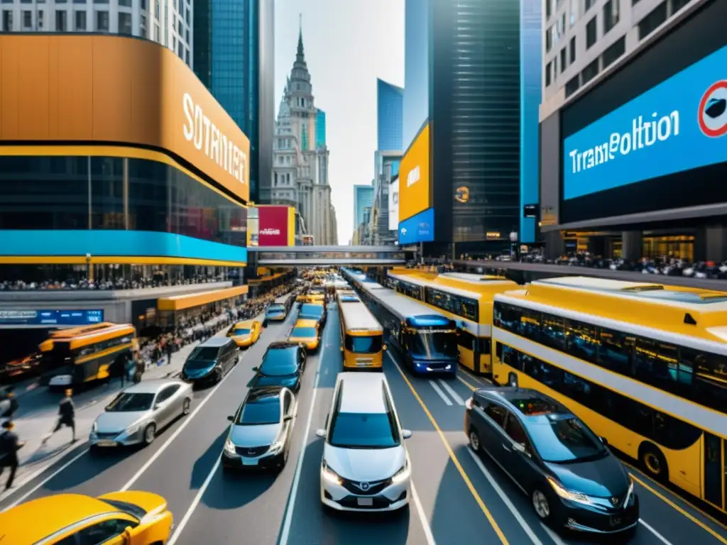 Vibrante calle urbana con transporte diverso y ruido, mostrando la contaminación acústica