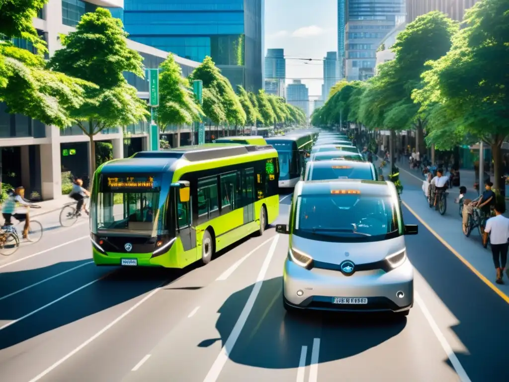 Vibrante calle urbana con transporte sostenible ISO, bicicletas, peatones y energía verde