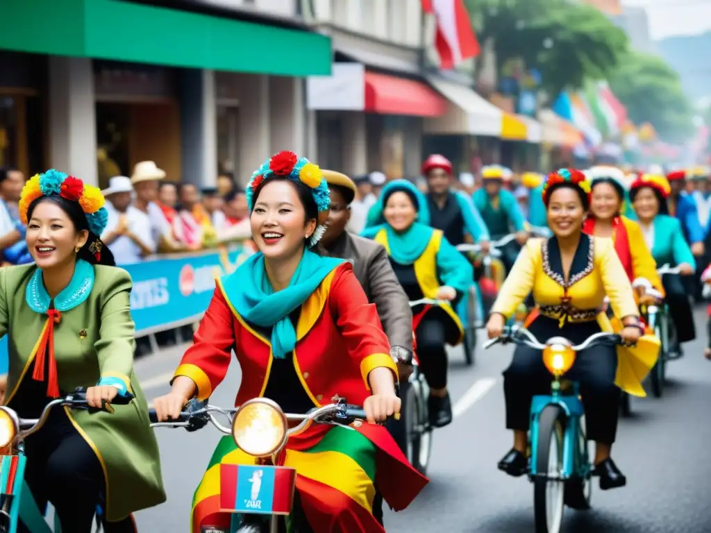 Una vibrante celebración en la ciudad con El simbolismo de la bicicleta en pleno auge, rodeada de diversidad cultural y energía festiva