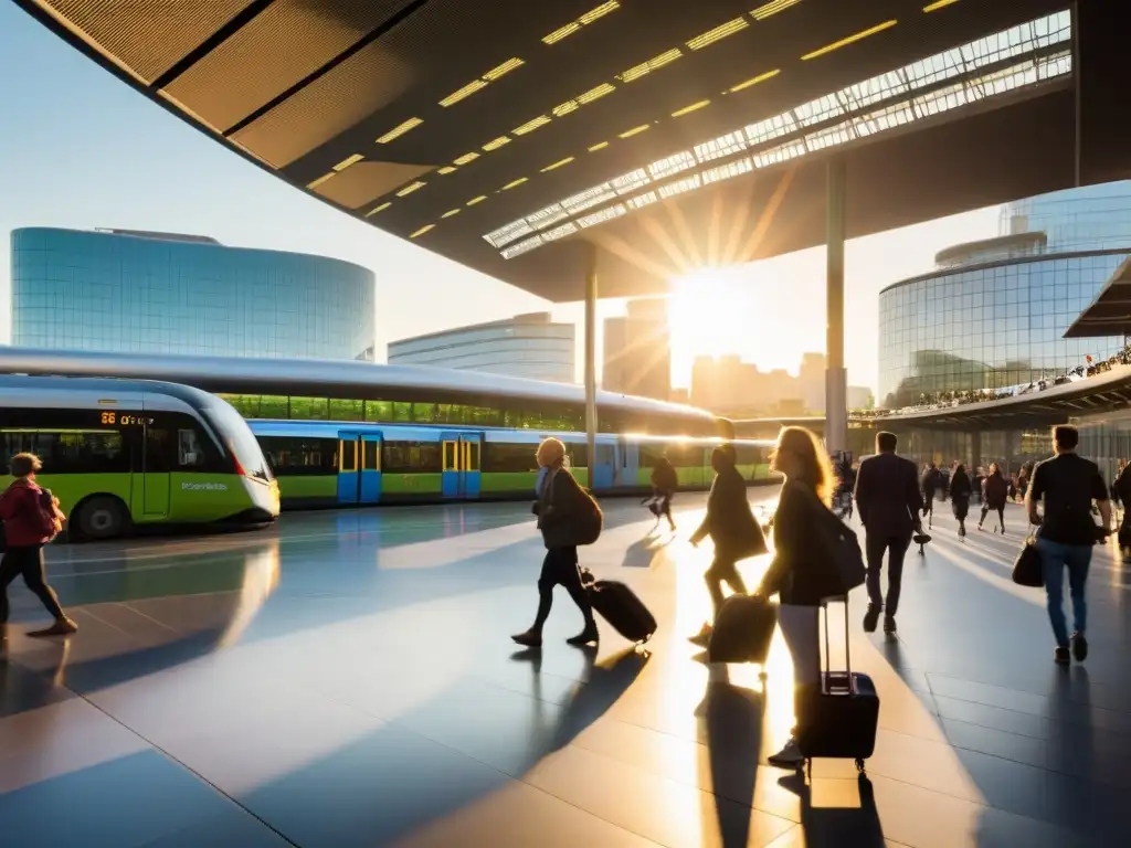 Vibrante centro de transporte con trenes, autobuses y ciclistas en movimiento, rodeado de arquitectura moderna y espacios verdes al atardecer