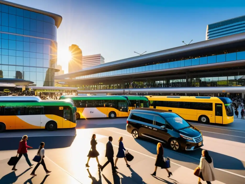 Un vibrante centro de transporte urbano con integración modal en medios de transporte, repleto de movimiento y diversidad