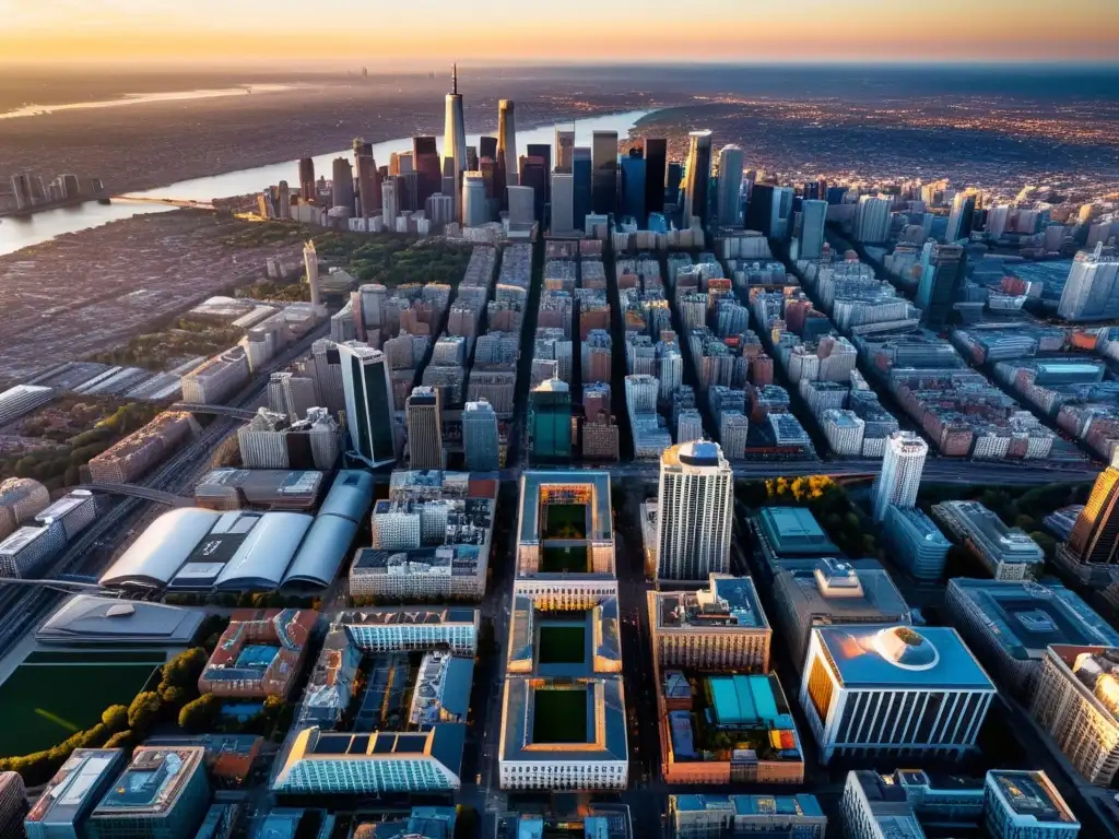 Vibrante ciudad al atardecer desde un drone a gran altura